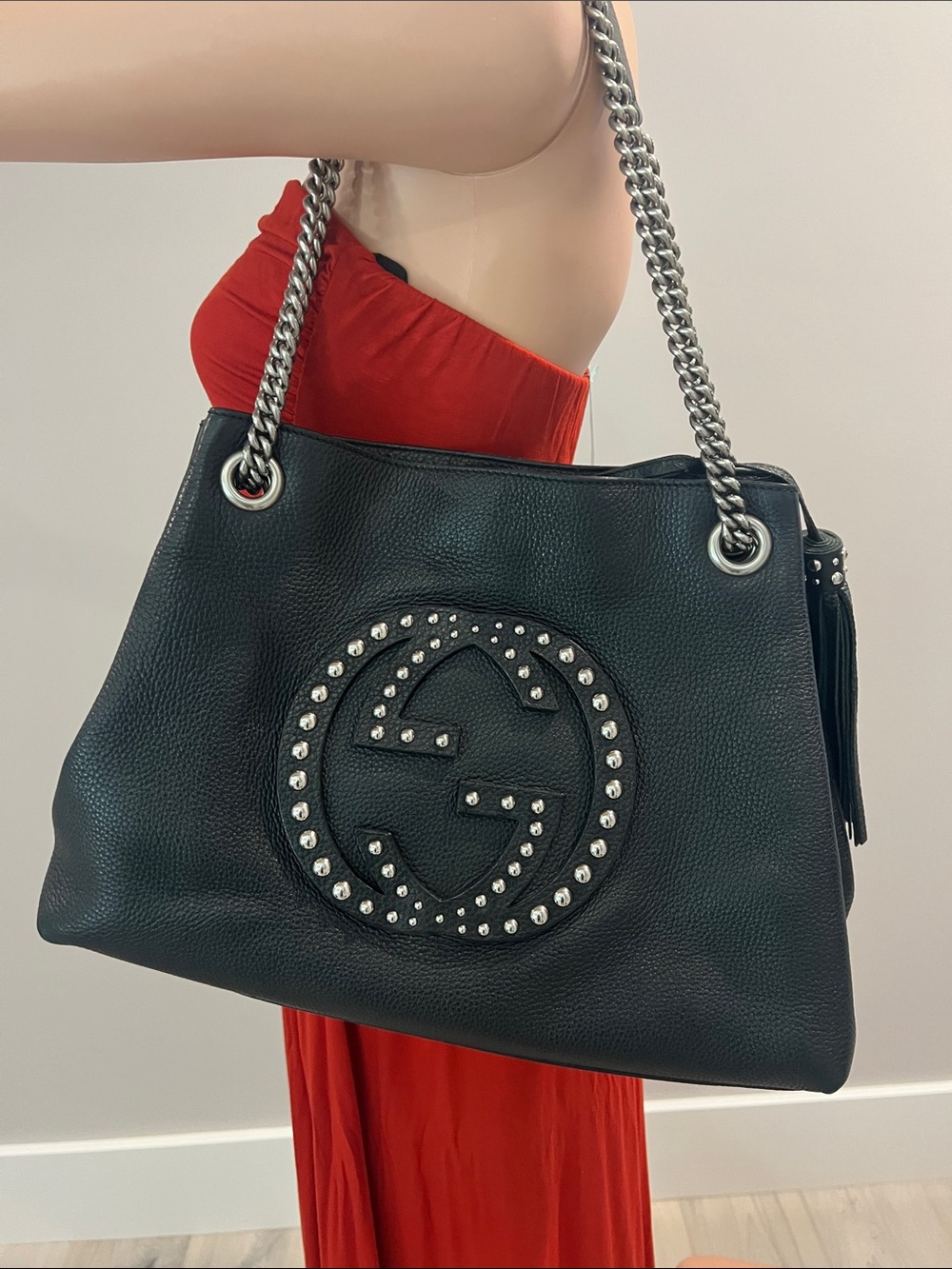 Gucci Black Leather Studded Shoulder Bag with Silver Chain